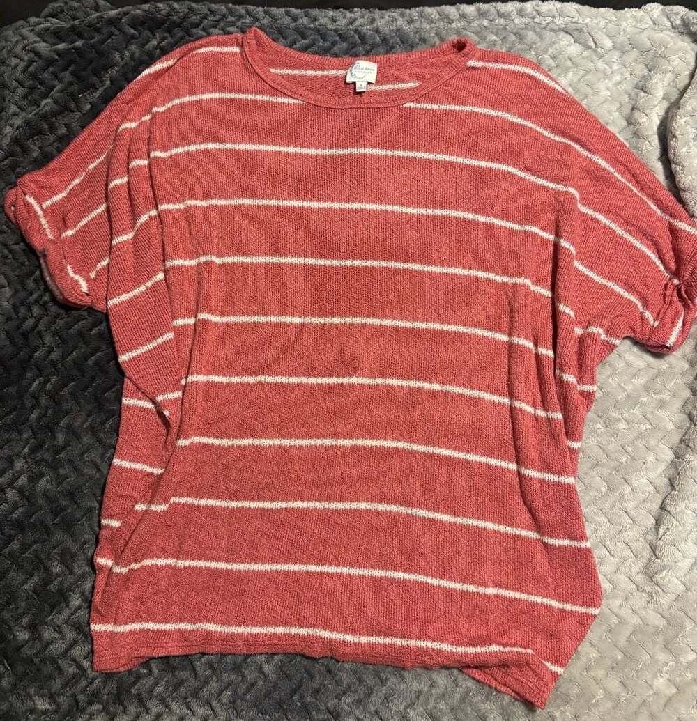 Blue Rain Pink and White Striped Short Sleeve Knit Sweater, Size S